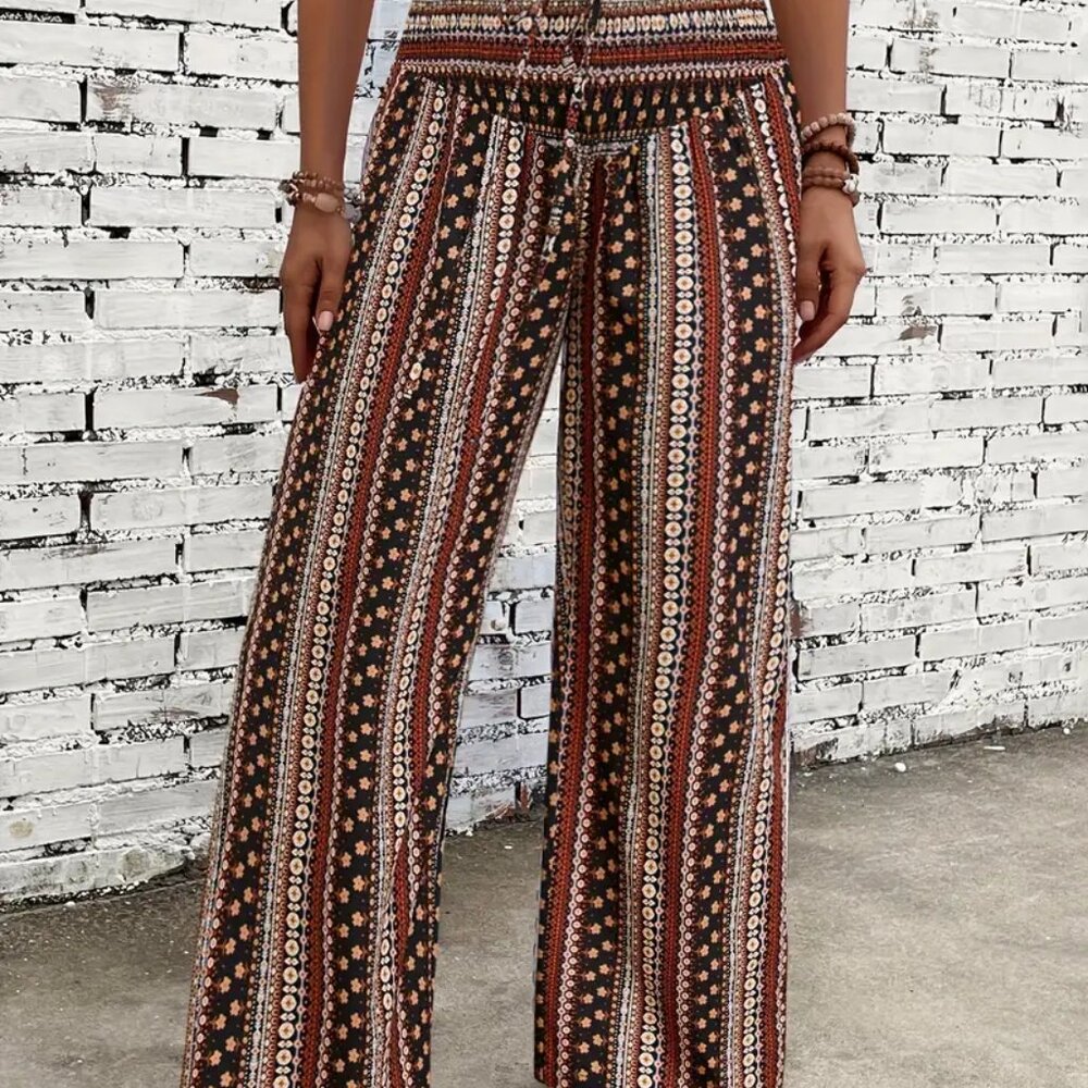 Ethnic Print Tied Shirred Waist Pants, Wide-leg Boho - NWOT